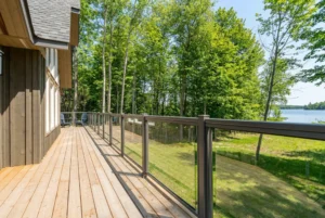 Glass railings on a Columbus deck providing wind protection.