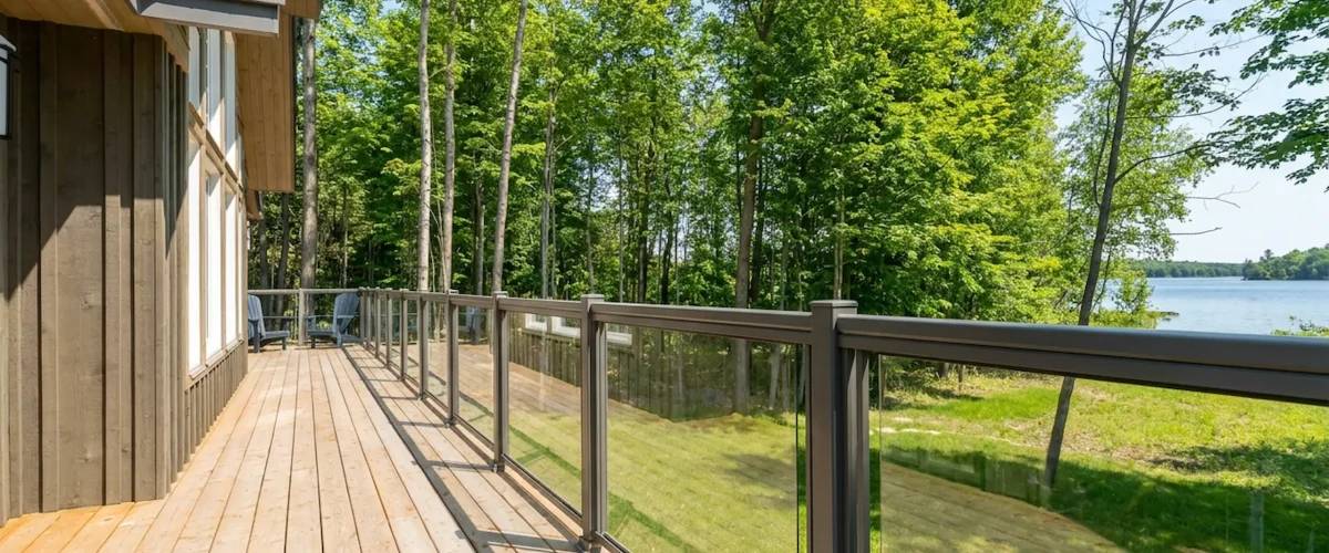 Glass railings on a Columbus deck providing wind protection.